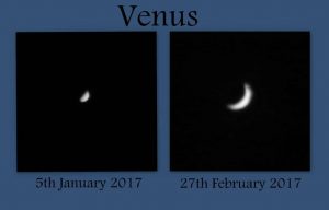 Venus through 8” Skywatcher in January and February 2017