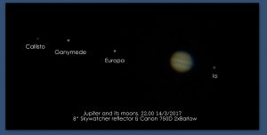 Jupiter and its moons through an 8" Skywatcher with 2x Barlow