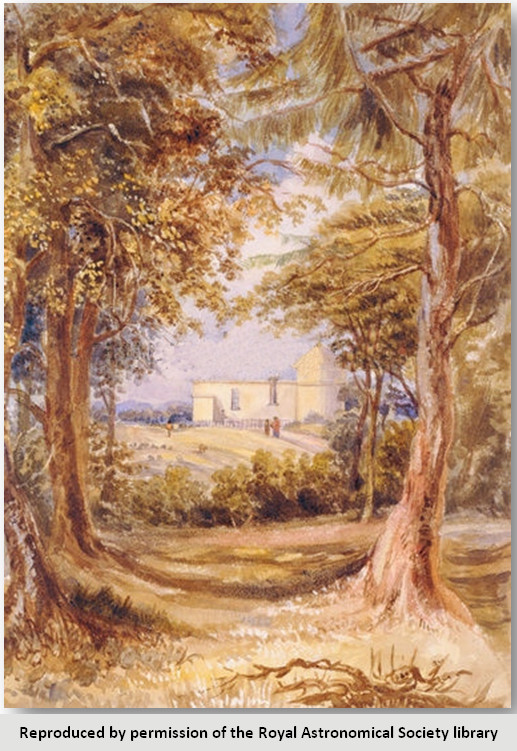 Watercolour painting of the Wrottesley Observatory, reproduced by permission of the Royal Astronomical Society library