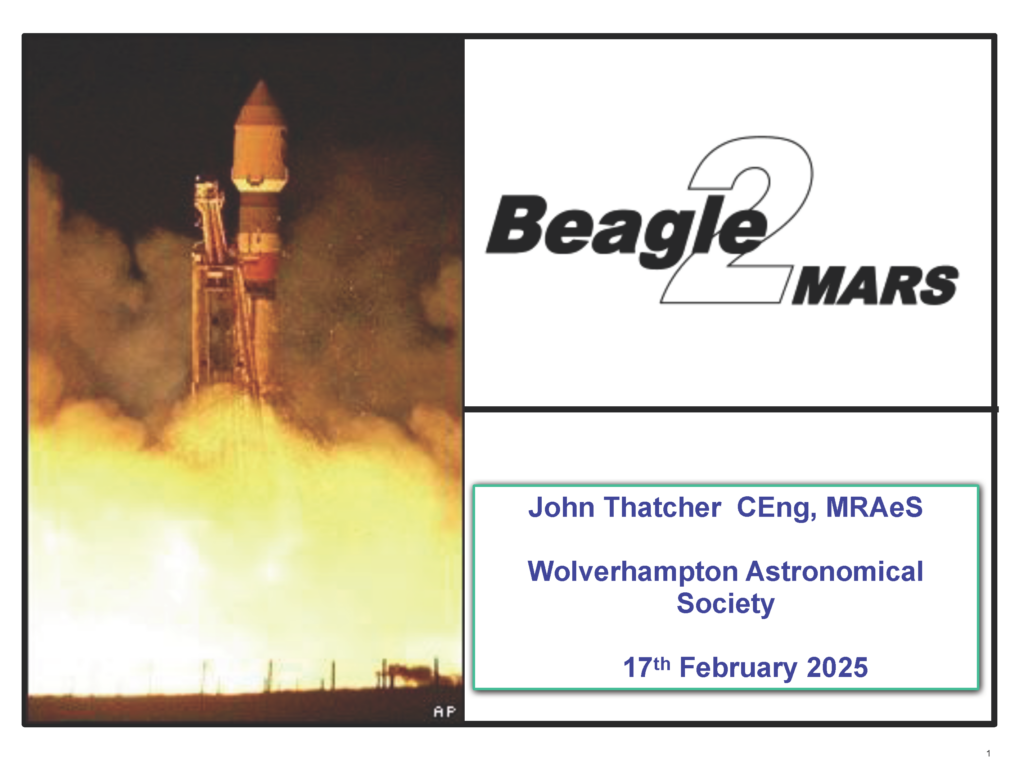 Talk title slide image showing the rocket launch of the Beagle 2 Mars Lander. Talk presented by John Thatcher on the 1th of February 2025