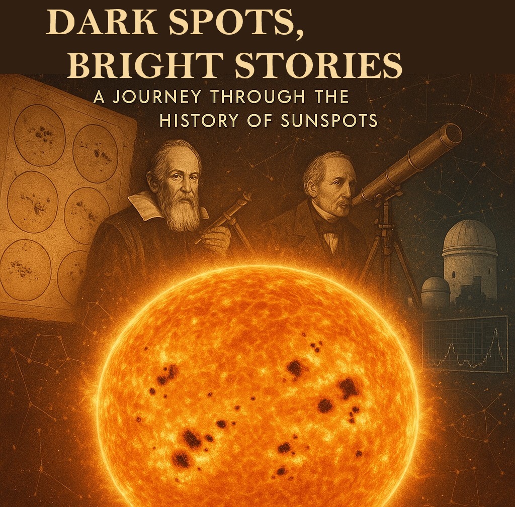 An image showing the sun with sunspots, in front of ancient astronomers and physicists