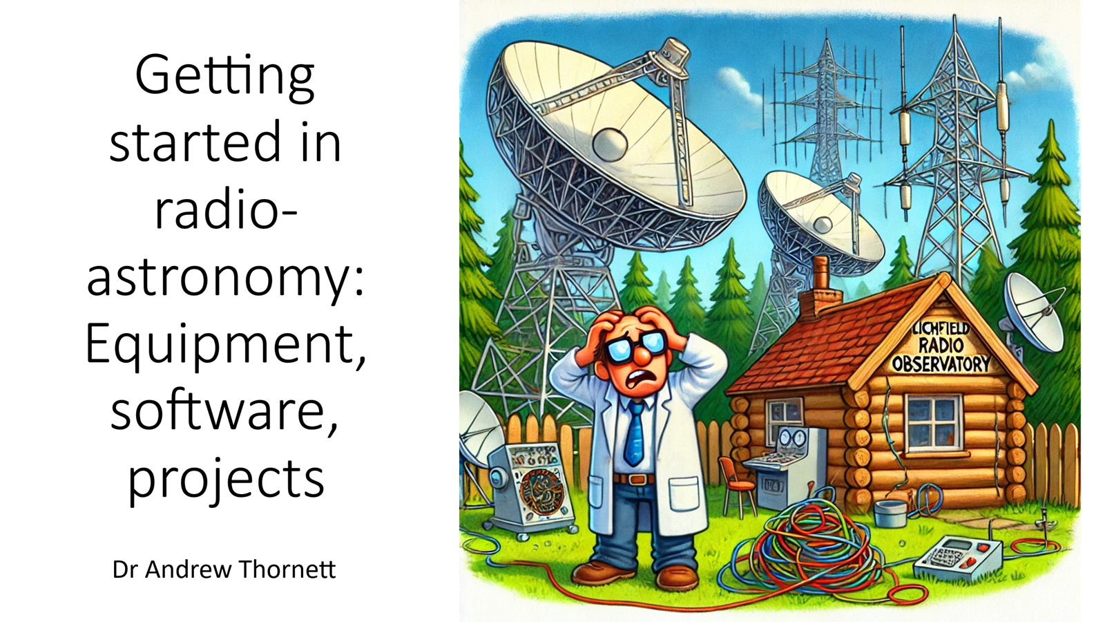 A cartoon drawing of an astronomical scientist in front of radio telescopes